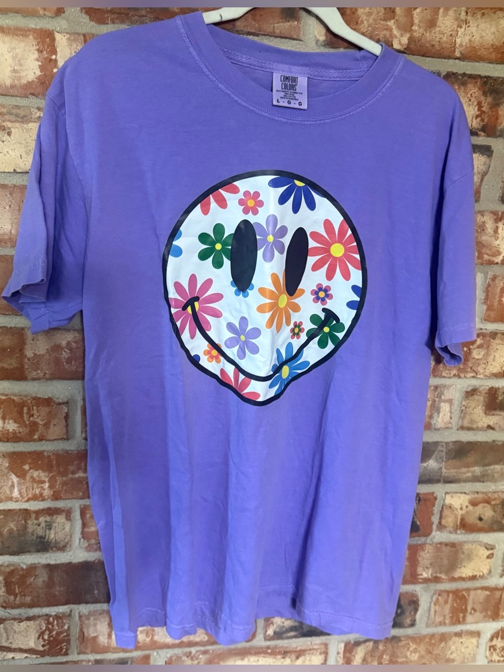 Comfort Colors Violet short Sleeve Tee with Floral Smiley Graphic